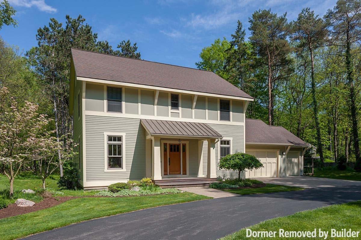 Modern house plan exterior with light green siding, white trim, metal roof porch, and attached garage.