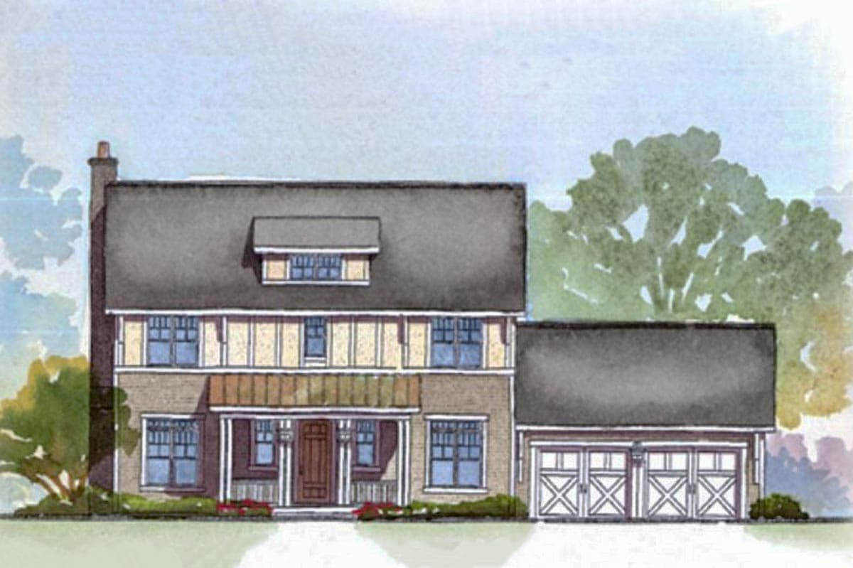 House plan exterior: Two-story home with a covered front porch, dormer, brick facade, and attached three-car garage.