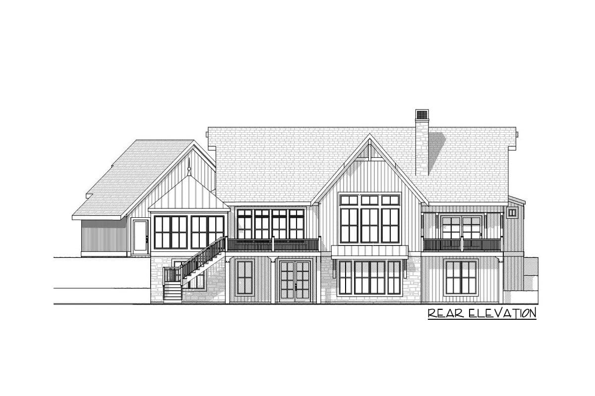 Rear elevation of a house plan featuring multiple gables, large windows, and a prominent chimney.