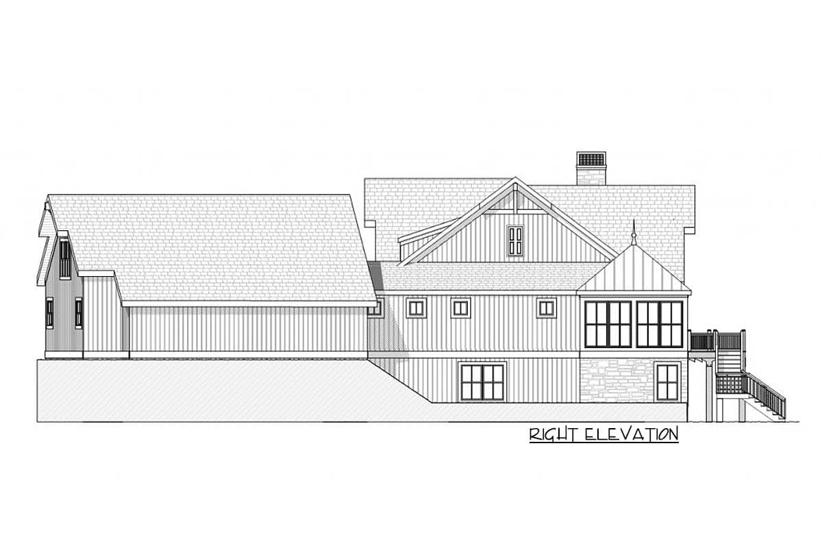 Right elevation house plan drawing showing multiple gables, dormers, a stone base, and a deck with stairs.