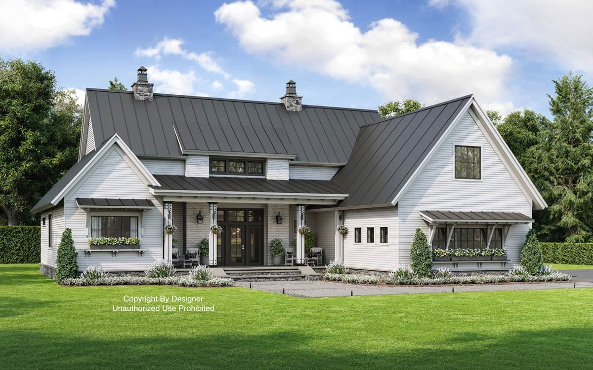Modern Farmhouse house plan exterior with a gabled roof, central porch with columns, dormers, and multiple chimneys.