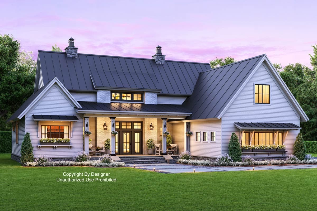 House plan exterior view of a two-story farmhouse. Features include a front porch, gables, a black metal roof, and stone chimney details.