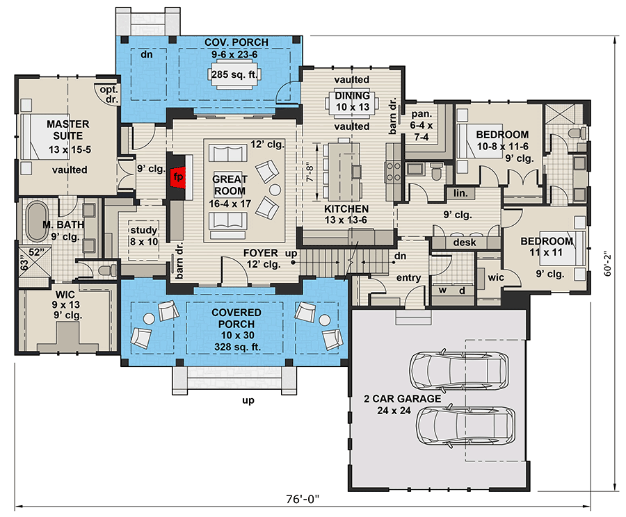 Plan 14663RK: Modern Farmhouse Plan with 3-Beds Down and Bonus Over Garage - 2125 Sq Ft - Floor Plan - Main Level - Country, Farmhouse, Modern Farmhouse, New American