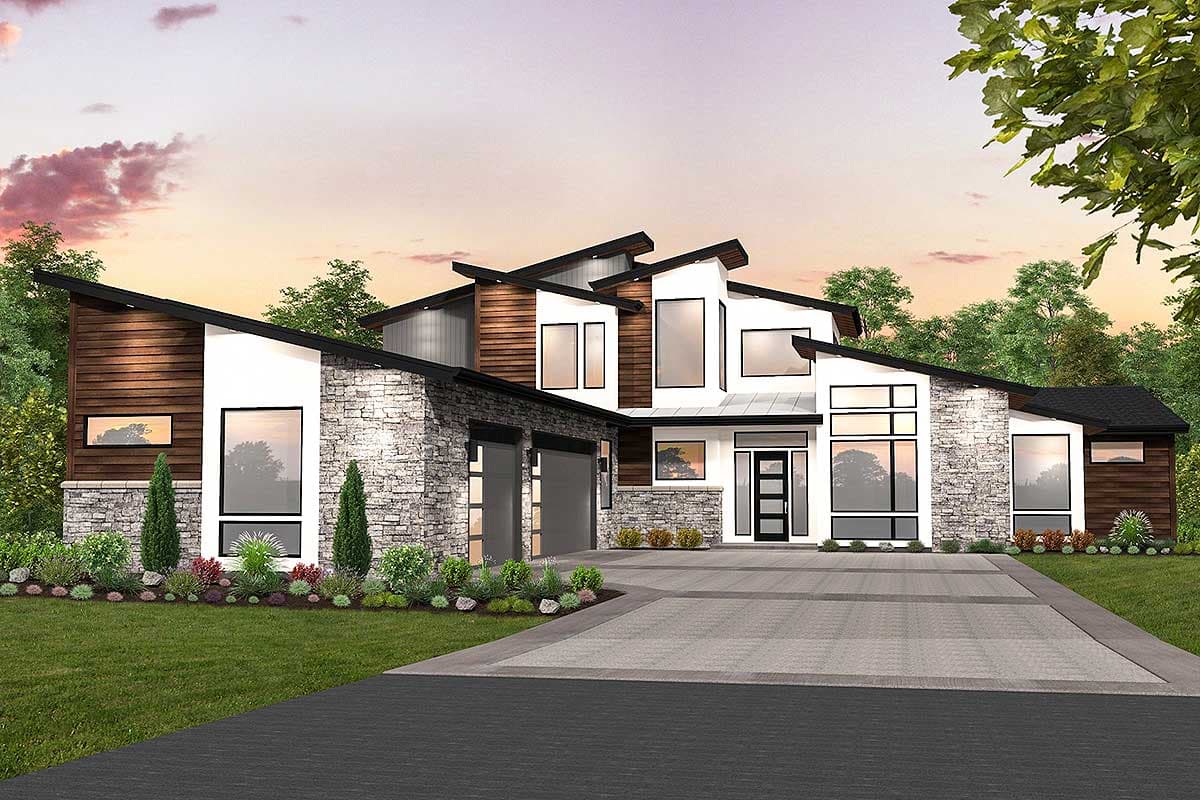 House plan exterior. Modern style with flat and angled rooflines. Features include stone veneer, wood siding, and an attached two-car garage.