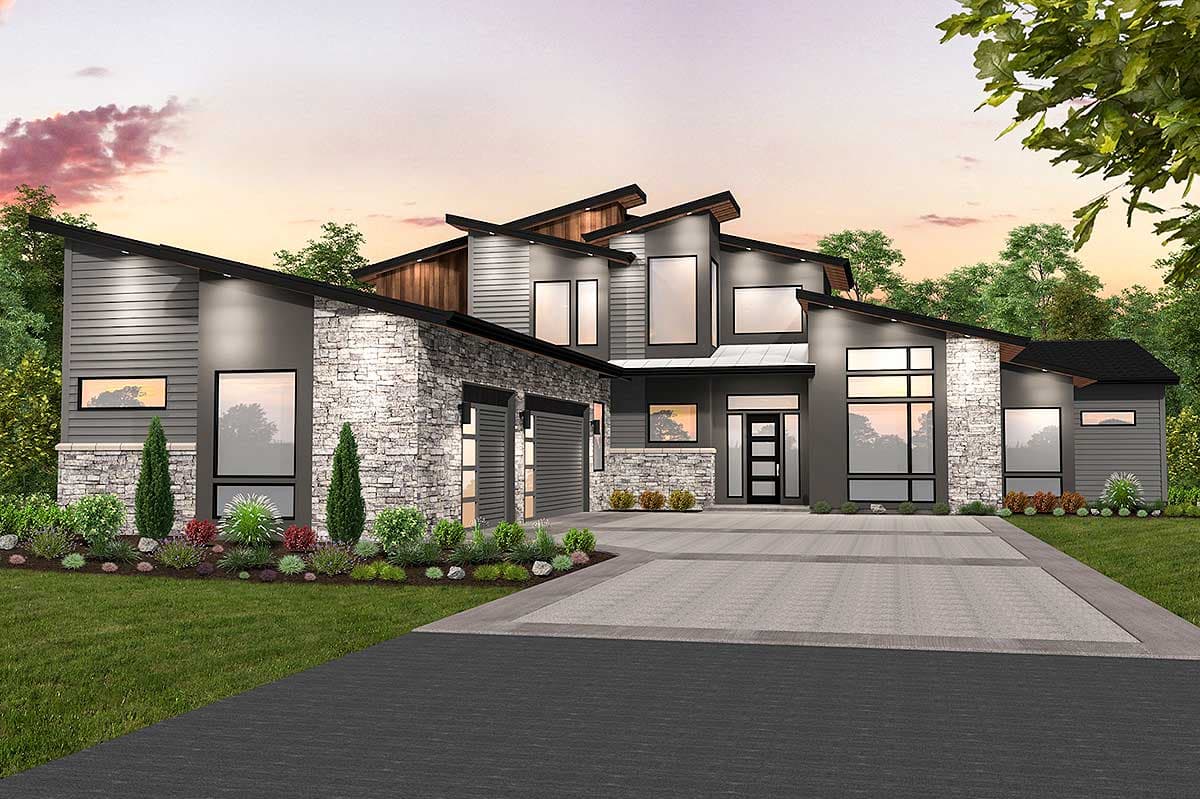 Modern house plan exterior with stacked stone, multiple gables, and a two-car garage. Shows an asymmetrical roofline.