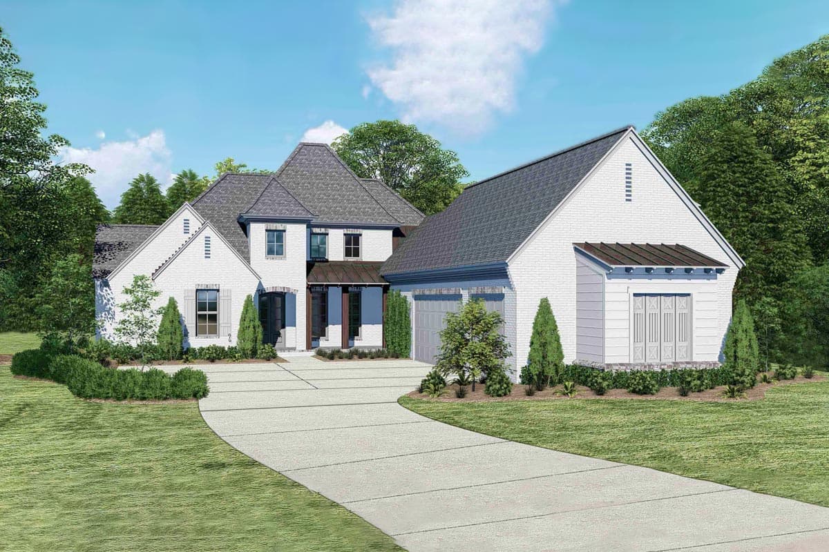 House plan exterior: Two-story white brick home with side-entry garage, hip roof, and covered porch.