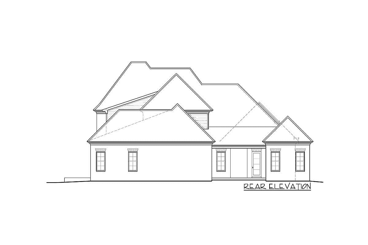 Rear elevation house plan drawing shows multiple gables, varied rooflines, and several windows.