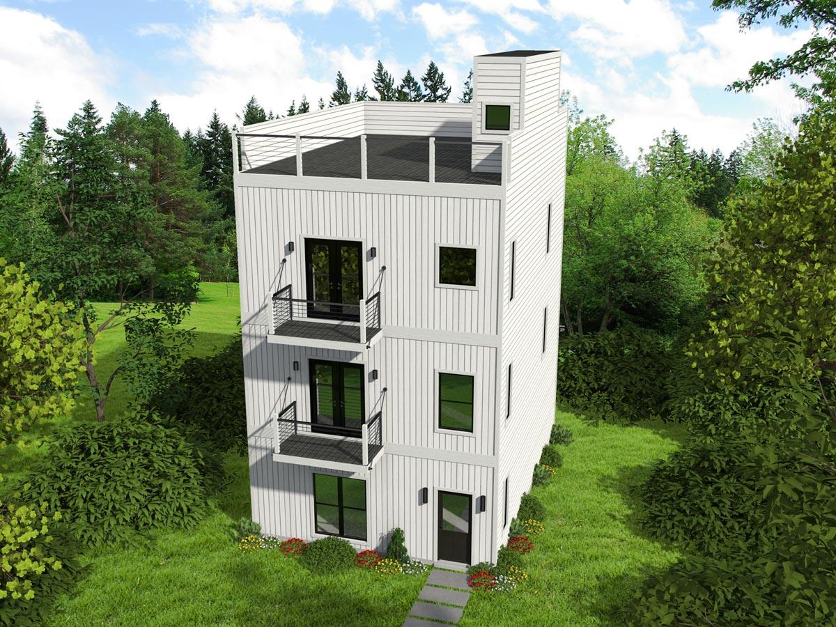 House plan exterior rendering. Modern style, three stories, featuring balconies with metal railings, a flat roof deck, and vertical siding.