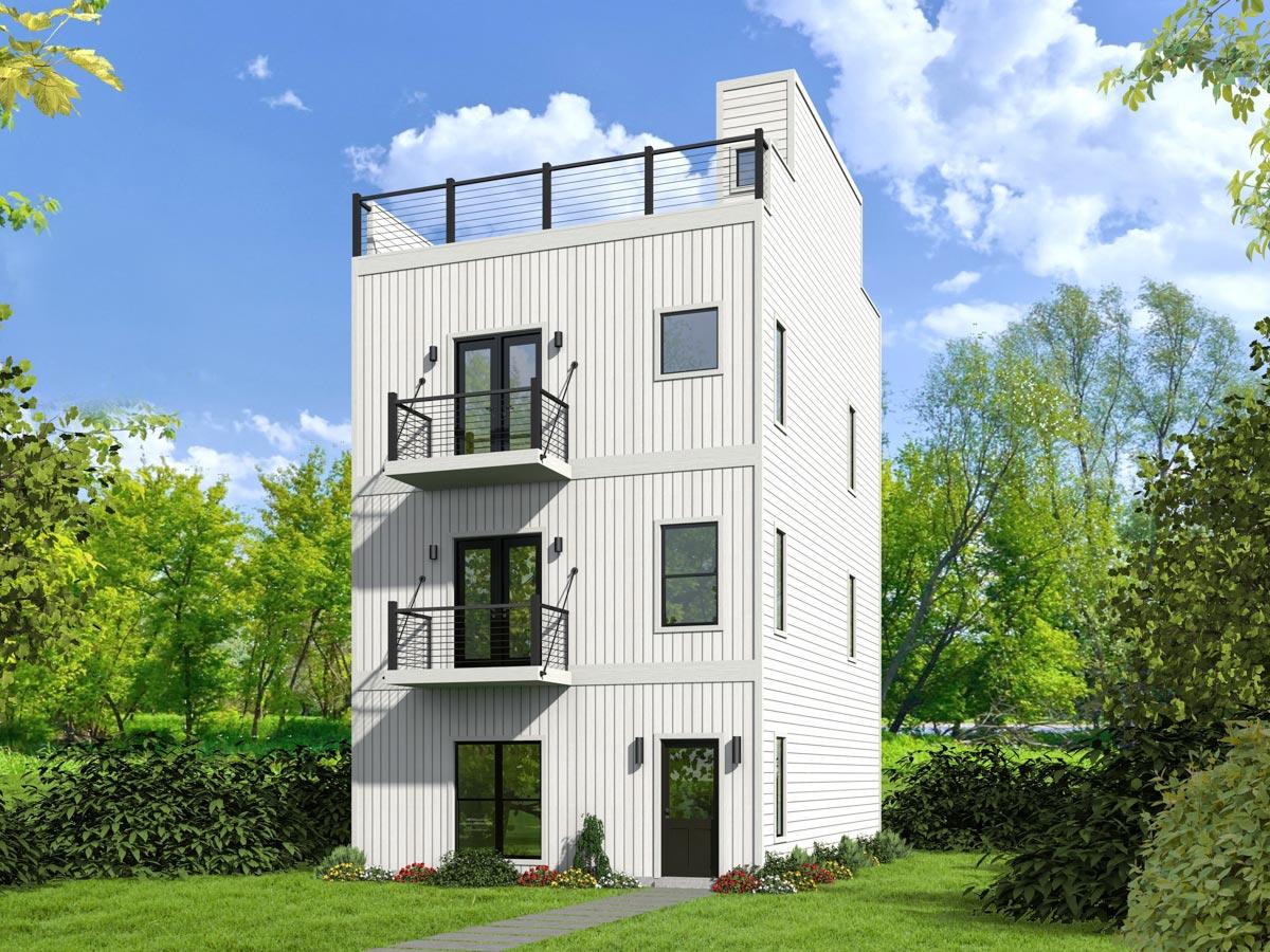 House plan exterior: Tall, modern, three-story home with vertical siding, three balconies, and rooftop deck.