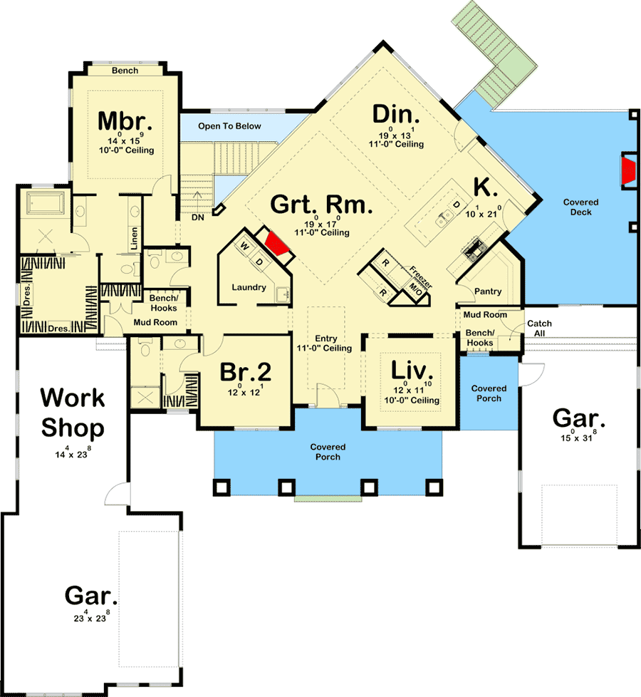 Plan 62729DJ: 2-Bed House Plan with Dynamic Angled Interior - Floor Plan - Main Level - Northwest, Prairie