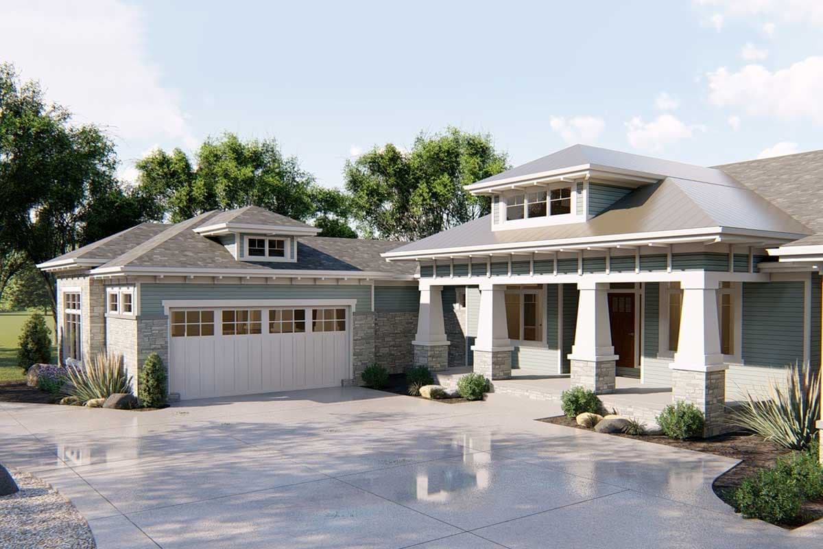 Craftsman style house plan exterior with a prominent porch, stone accents, dormers, and a two-car garage.
