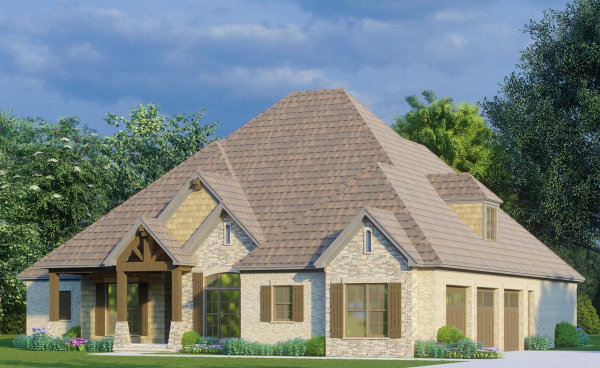 House plan exterior: One-and-a-half story home with a gabled entryway, stone and shingle siding, and a multi-car garage.