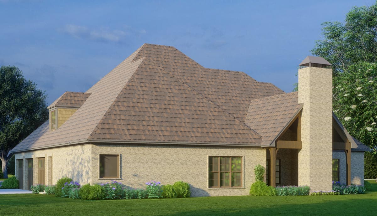 House plan exterior showing a pitched roof, prominent brick chimney, dormer window, and multiple gables.