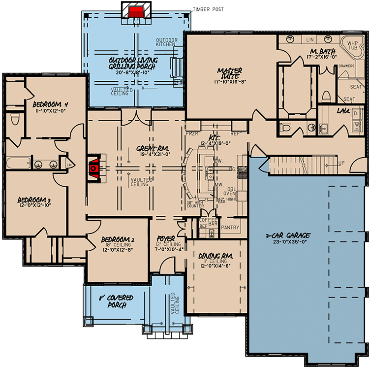 Plan 70577MK: 4-Bed House Plan with Vaulted Great Room and Bonus Over Garage - 2556 Sq Ft - Floor Plan - Main Level - Craftsman, Traditional