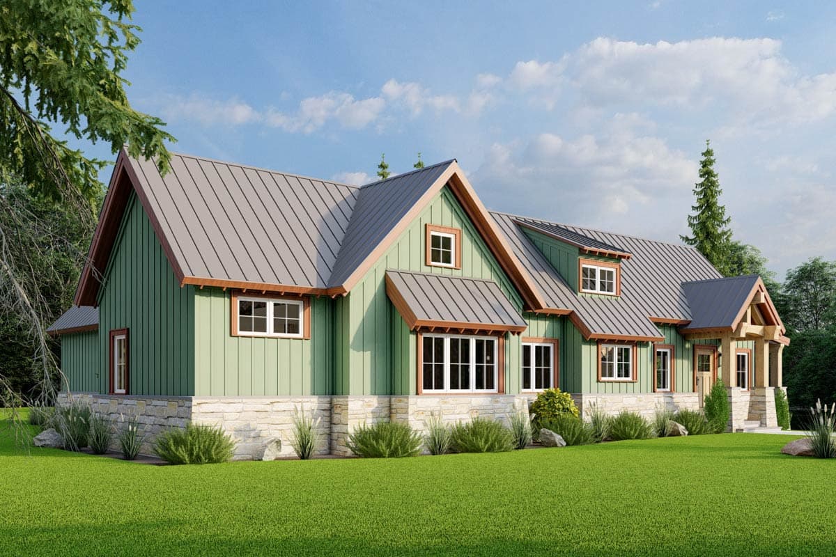 House plan exterior with vertical siding, stone foundation, metal roof, gables, dormers, awnings, and covered entry.