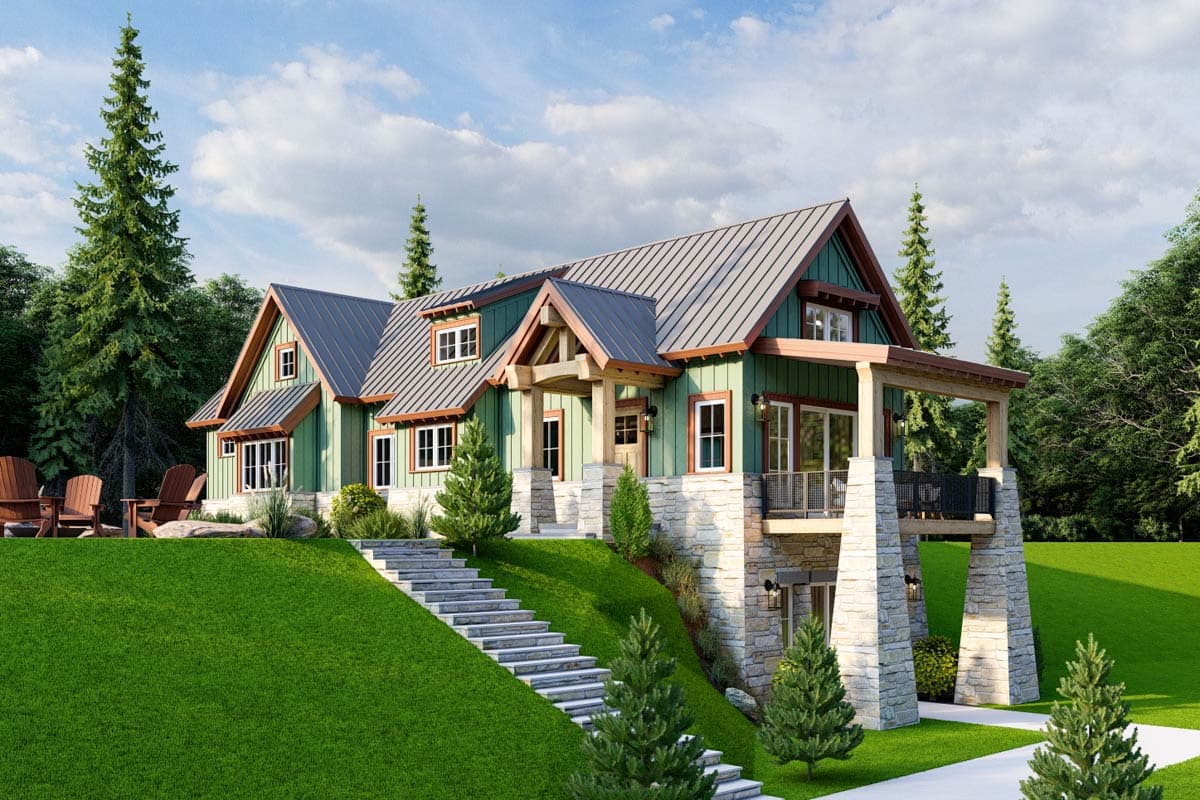 House plan exterior of a two-story Modern Farmhouse with a metal roof, stone base, covered porch, and gables.