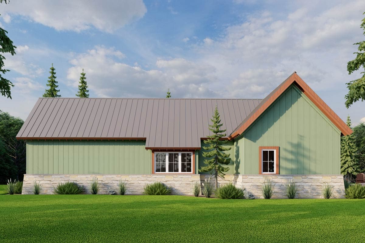 House plan exterior: Modern Farmhouse style, single-story, with a metal gable roof, stone foundation, and light green board and batten siding.