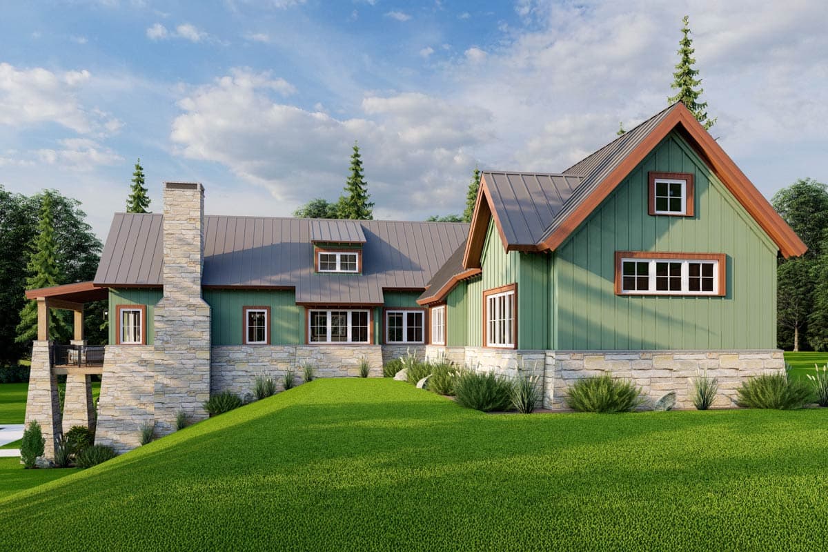 House plan exterior: Two-story Modern Farmhouse with stone base, gabled rooflines, dormers, and covered porch supported by stone piers.