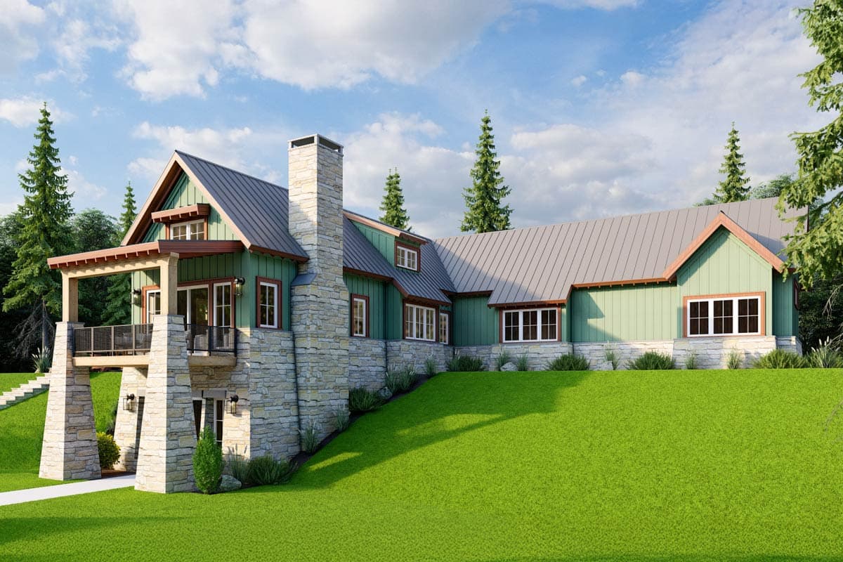 House plan exterior: Craftsman style, two stories, prominent stone chimney, covered balcony supported by stone piers, metal roof.