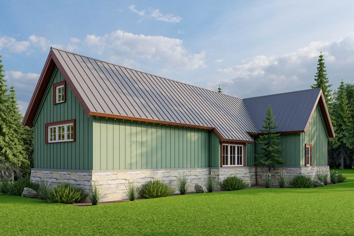 House plan exterior: Modern Farmhouse style with stone base, vertical siding, gables, dormers, and metal roof.