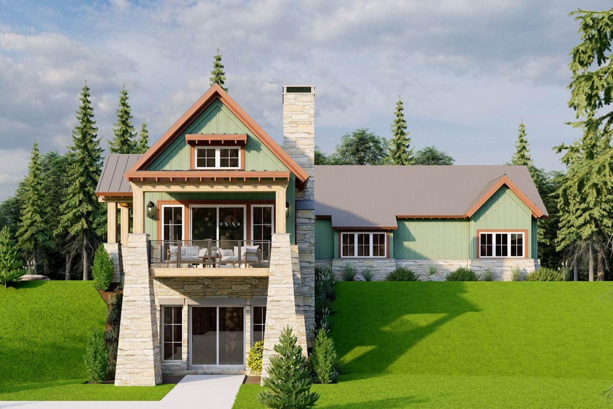 House plan exterior: Two-story Modern Farmhouse with gabled roof, stone accents, covered balcony, and prominent stone chimney.