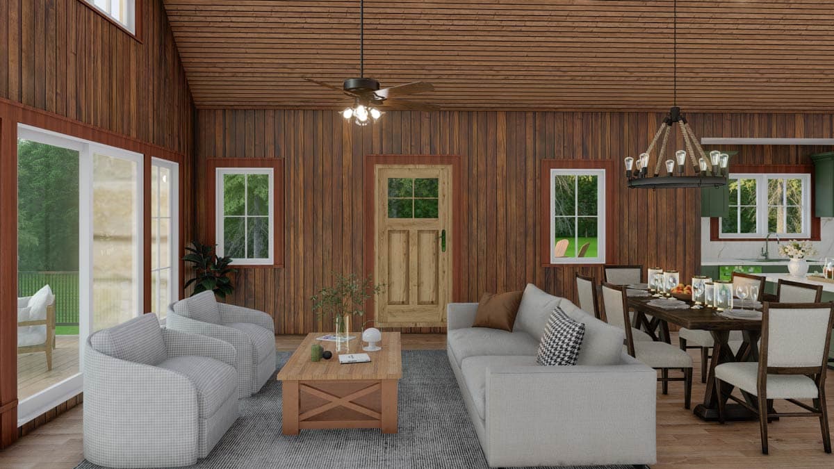 Interior rendering of a great room with wood paneled walls, vaulted ceiling, seating area, dining table, and kitchen.