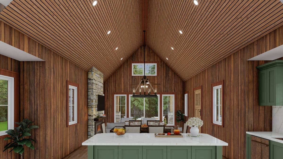 Interior rendering showing a living area with vaulted wood ceiling, stone fireplace, kitchen island with green cabinetry, and large windows.