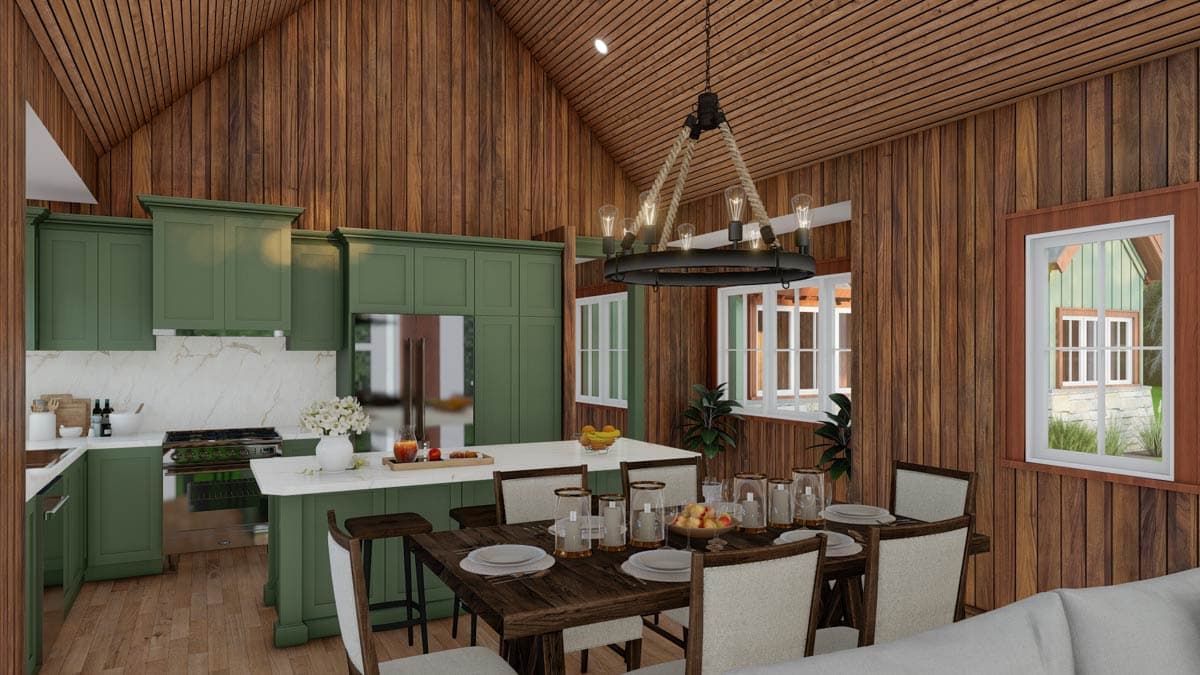 Rendering of a kitchen and dining area with green cabinetry, an island, and a dining table under a vaulted, wood-paneled ceiling.