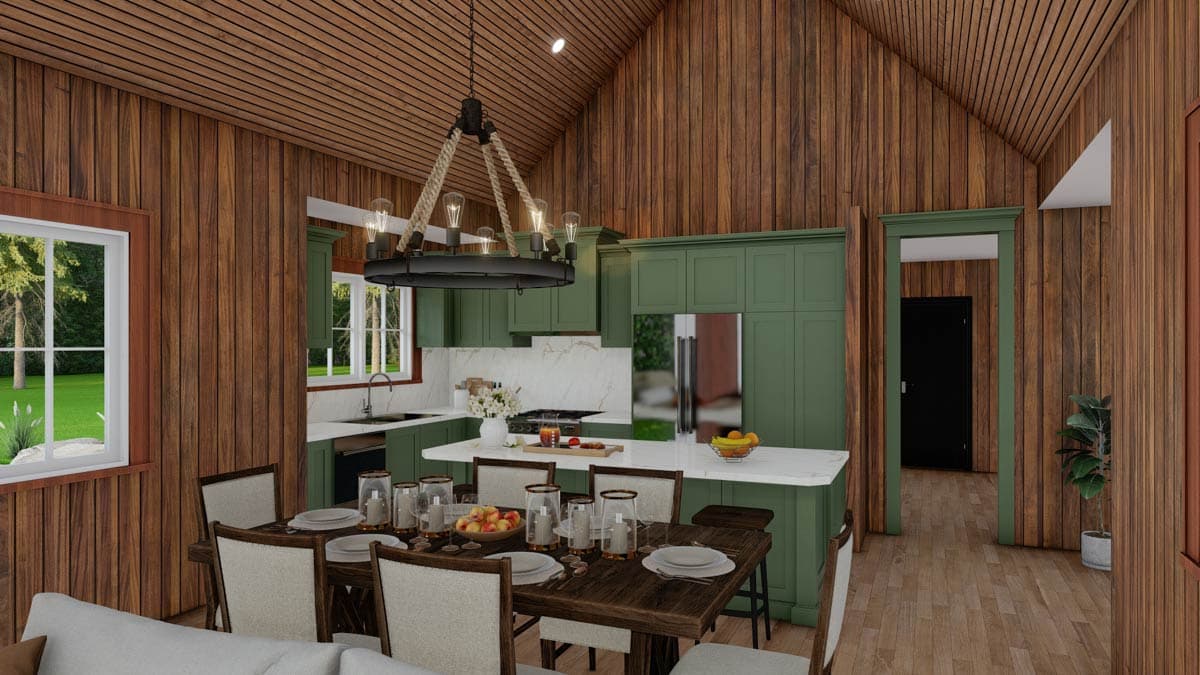 Interior rendering of a dining area and kitchen with wood-paneled walls, vaulted ceiling, green cabinets, and a large island.