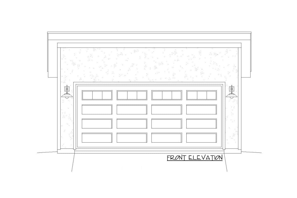 Front elevation drawing of a garage with a multi-panel door and two exterior sconces.