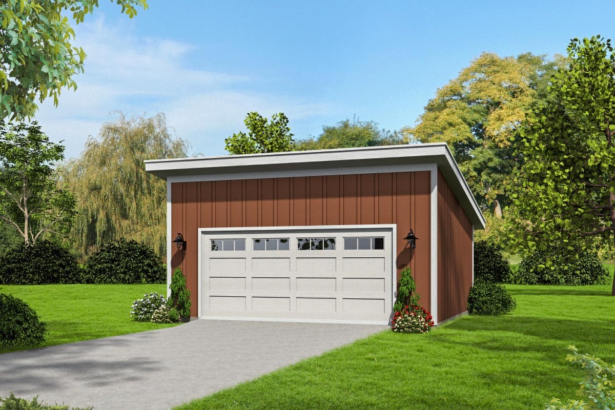 House plan exterior. One-story building with a shed roof, a paneled garage door, and vertical siding. Two sconces flank the garage door.