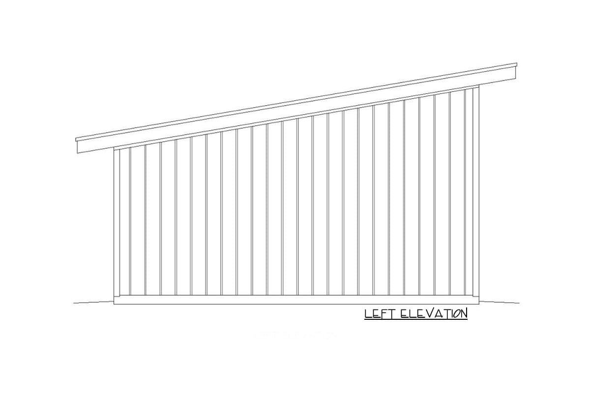 Left elevation drawing of a house plan featuring vertical siding and a shed roof.