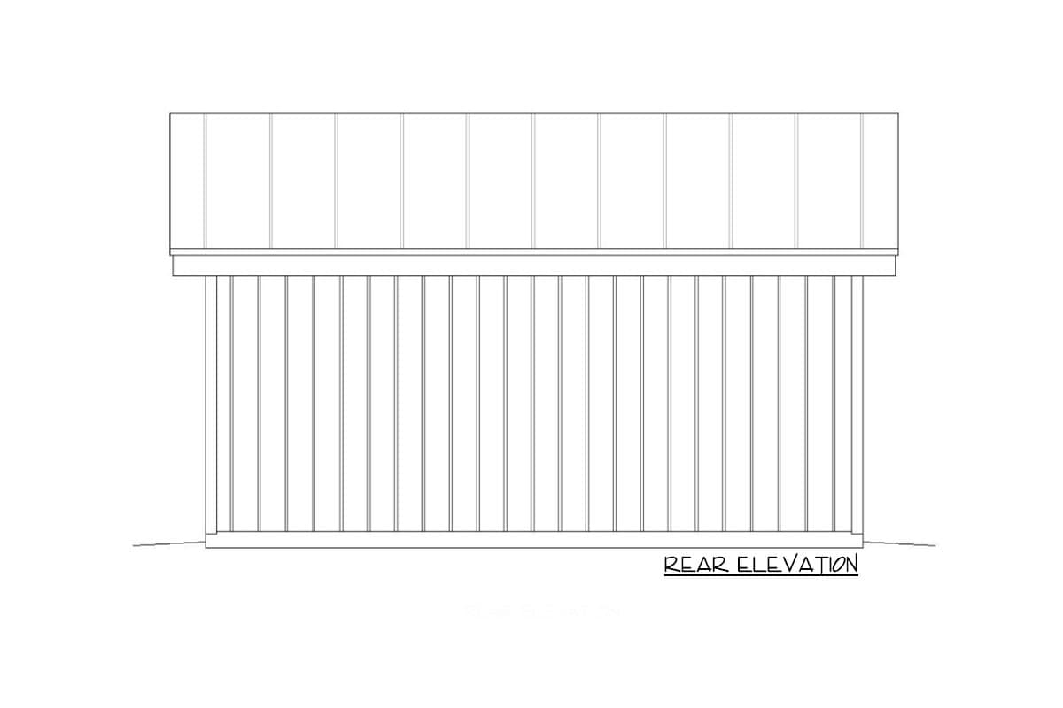Rear elevation drawing of a house plan with vertical siding and a flat roofline.