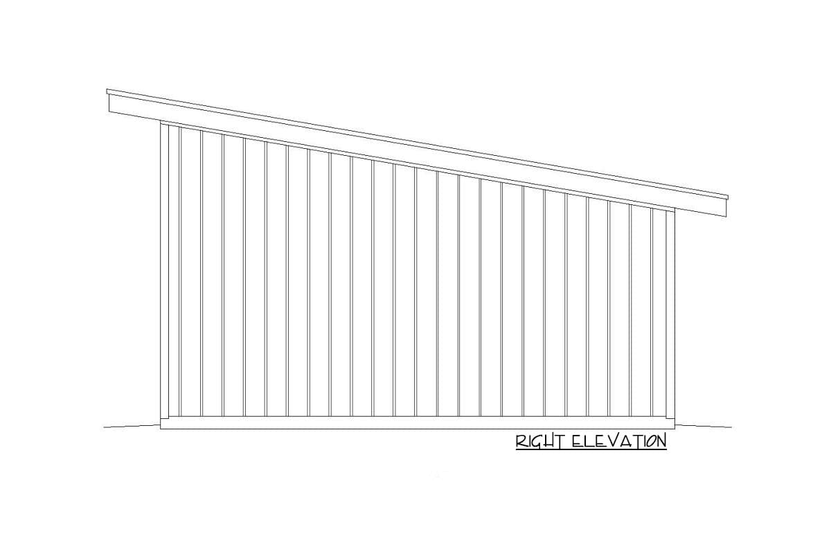 Right elevation drawing of a house plan with vertical siding and a shed roof.