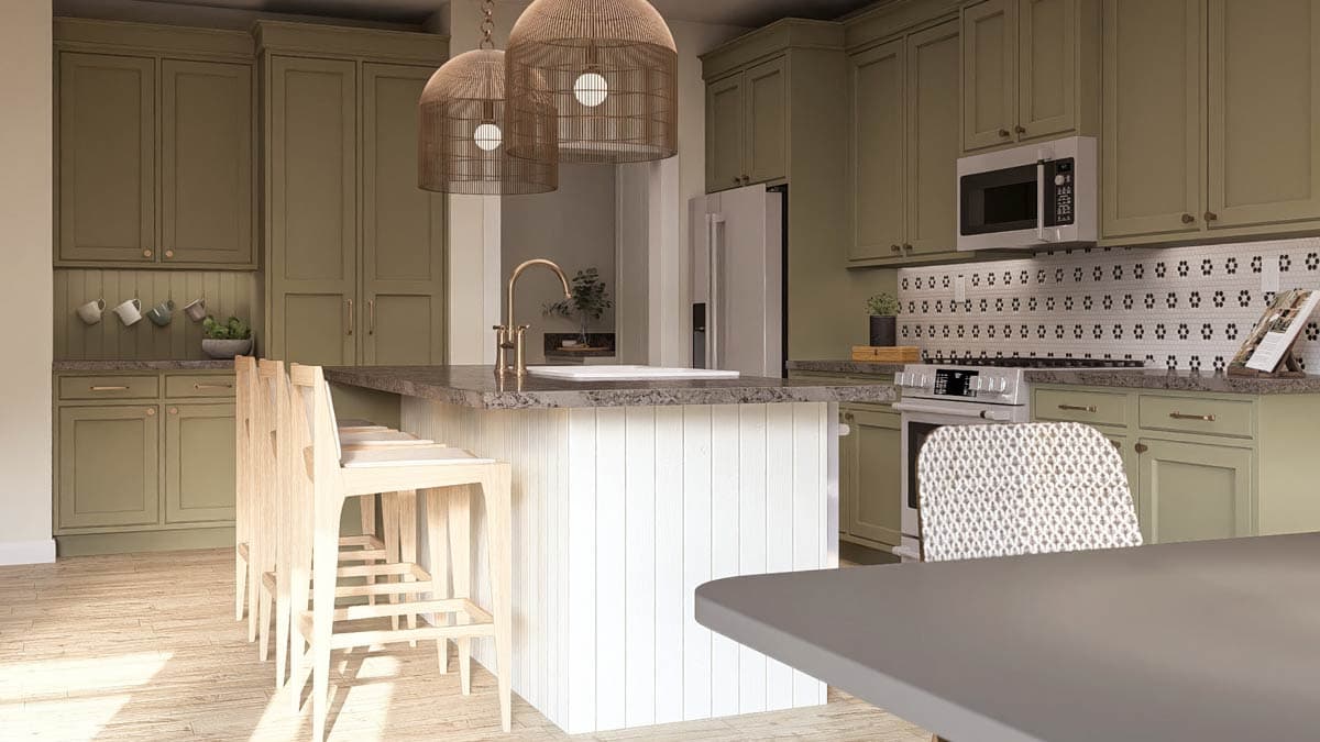 Kitchen with sage green cabinetry, white paneled island, granite countertops, pendant lights, and breakfast bar.