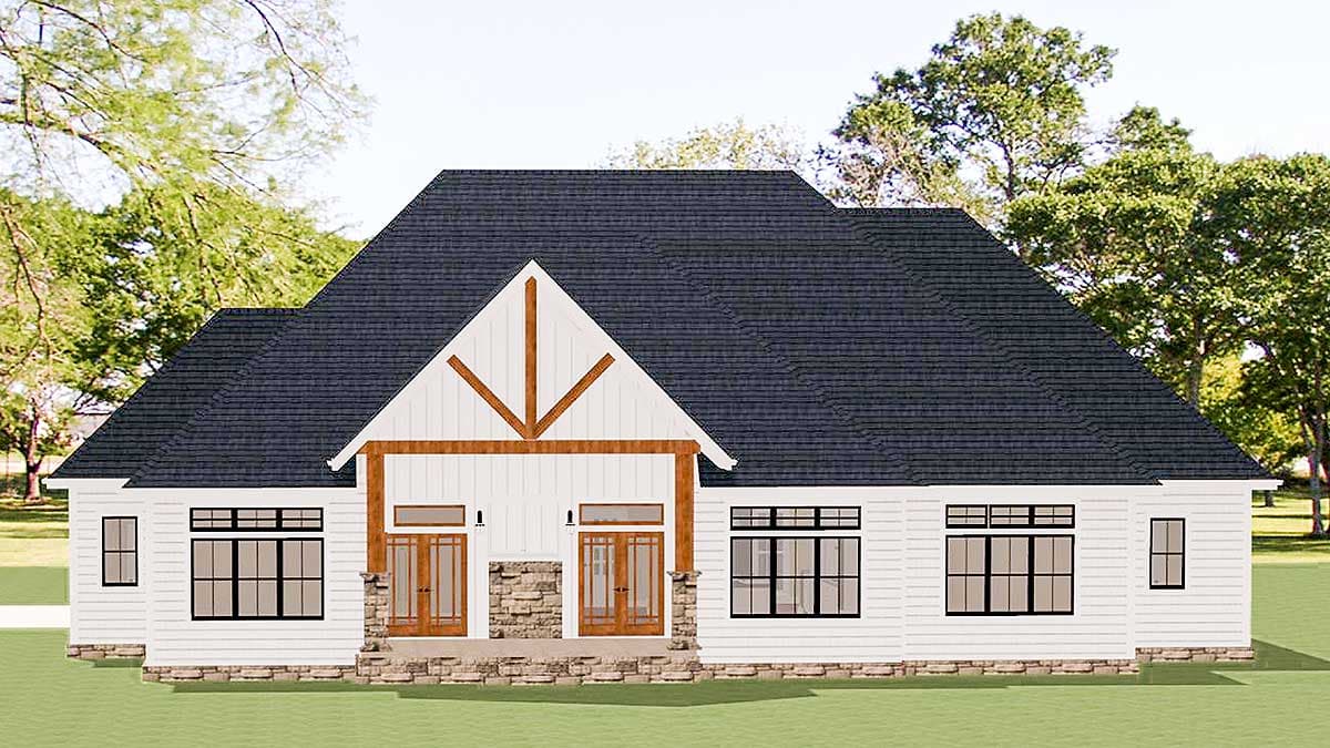 House plan exterior: Modern Farmhouse style, single-story with a prominent gable, covered entry with stone accents, and multiple grid windows.