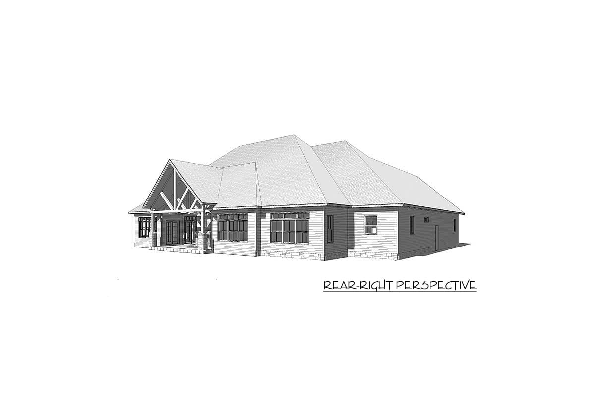 House plan exterior, single-story, covered porch with exposed beams, multiple gables, and stone foundation.