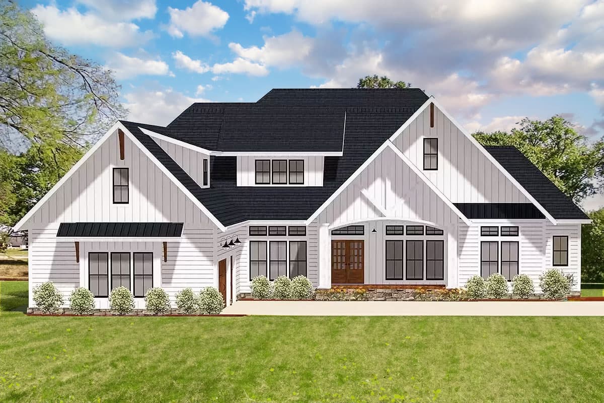 House plan exterior rendering. Modern Farmhouse style with a gabled roof, dormers, and a covered porch. Features include a side-entry garage.