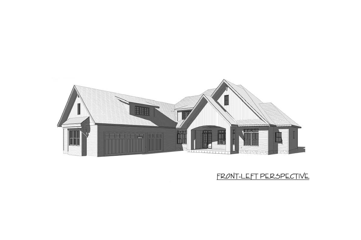 House plan exterior: Modern Farmhouse style with gabled roof, covered entry, and multi-car garage.