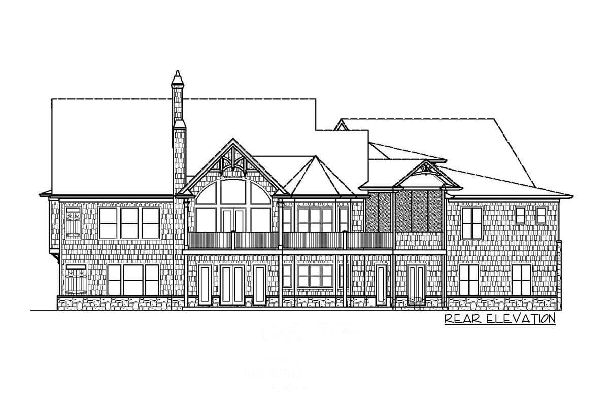 Rear elevation drawing of a large house with a prominent gabled dormer, multiple window configurations, and a screened porch.