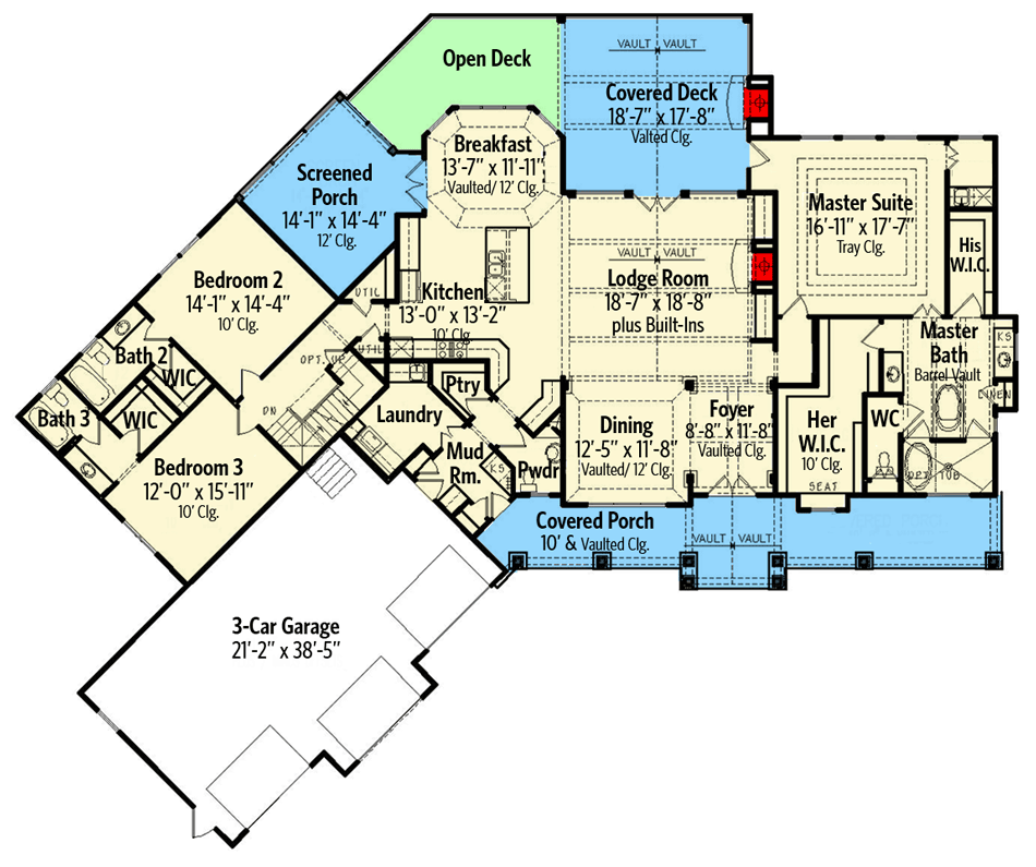Plan 25639GE: Angled Garage with Bonus Space Above - Floor Plan - Main Level - Country, Craftsman, Traditional