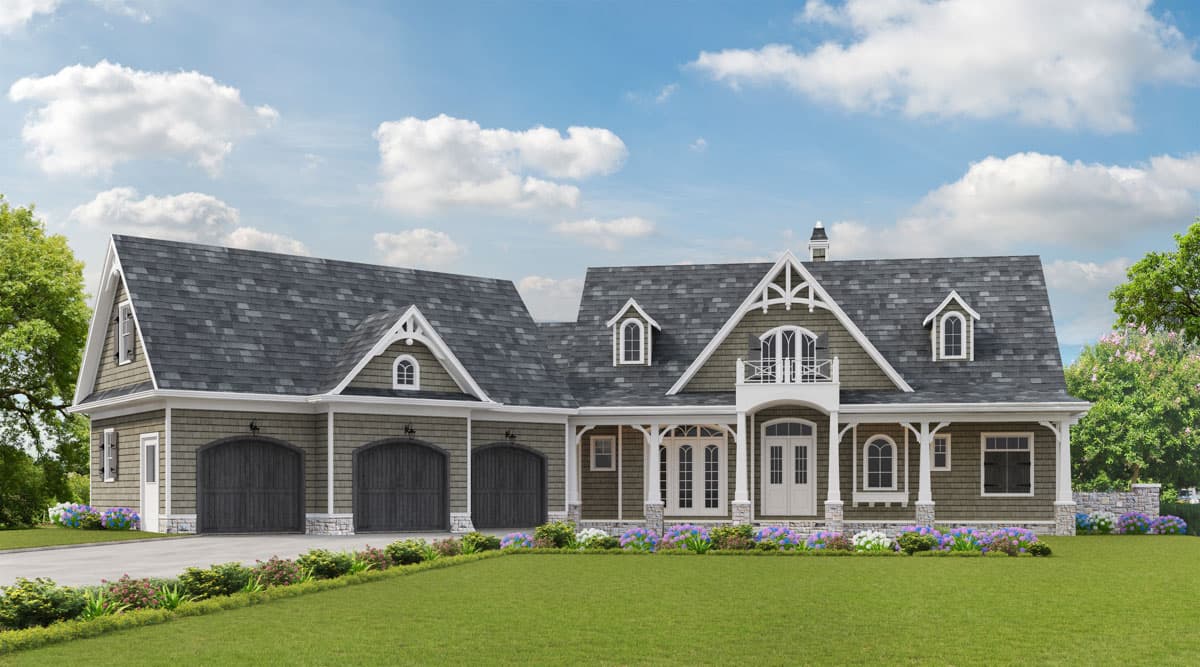 House plan exterior. Two-story Craftsman home with a front porch, multiple dormers, gabled roof, and two-car garage.