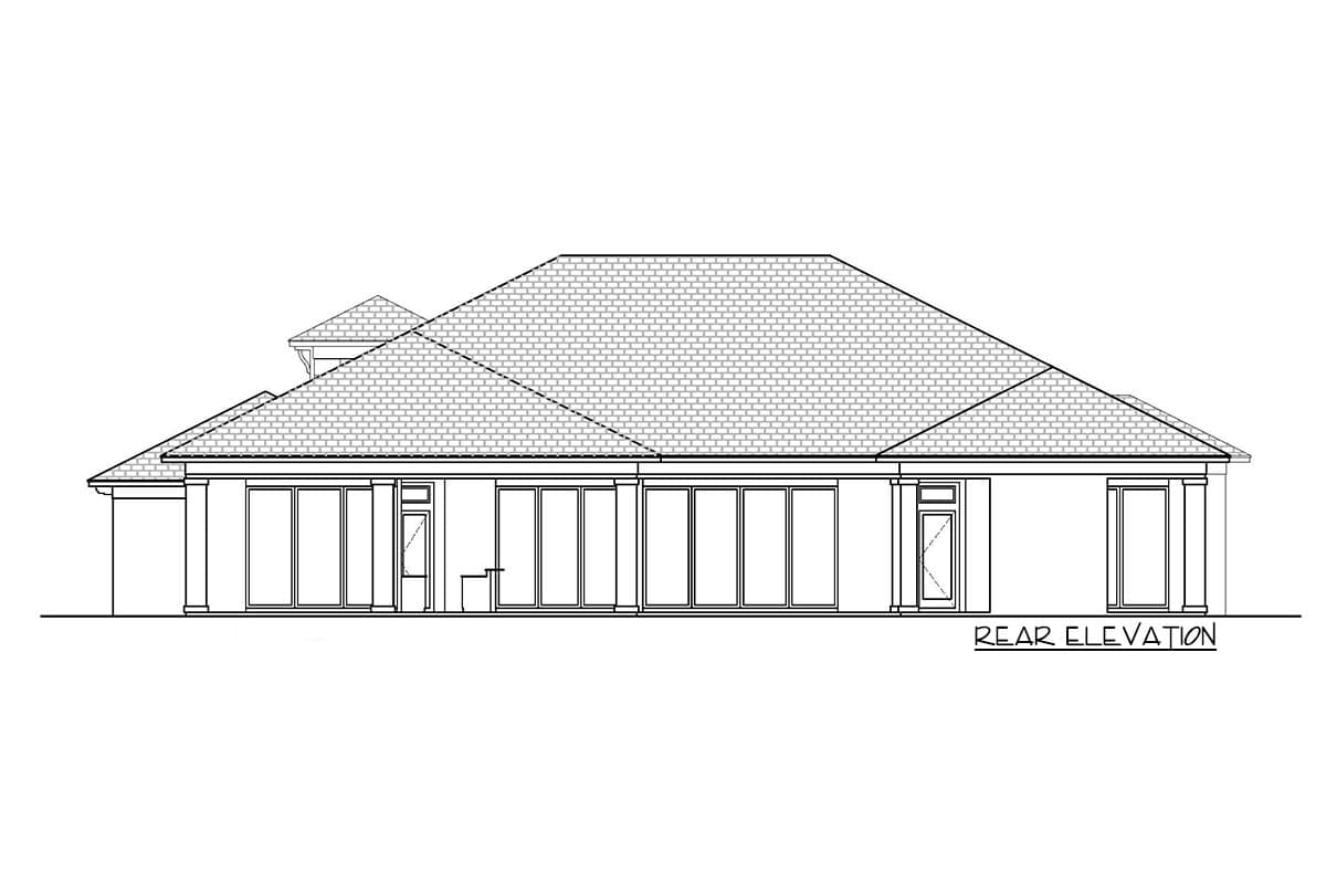 Rear elevation house plan showing a long series of glass doors, a gabled roofline, and inset columns.