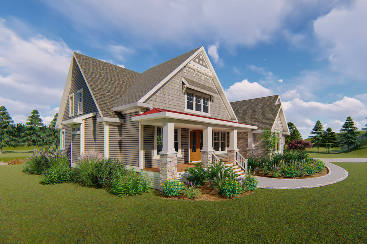 Craftsman style house plan exterior with a covered front porch, stone accents, multiple gables, and a dormer.