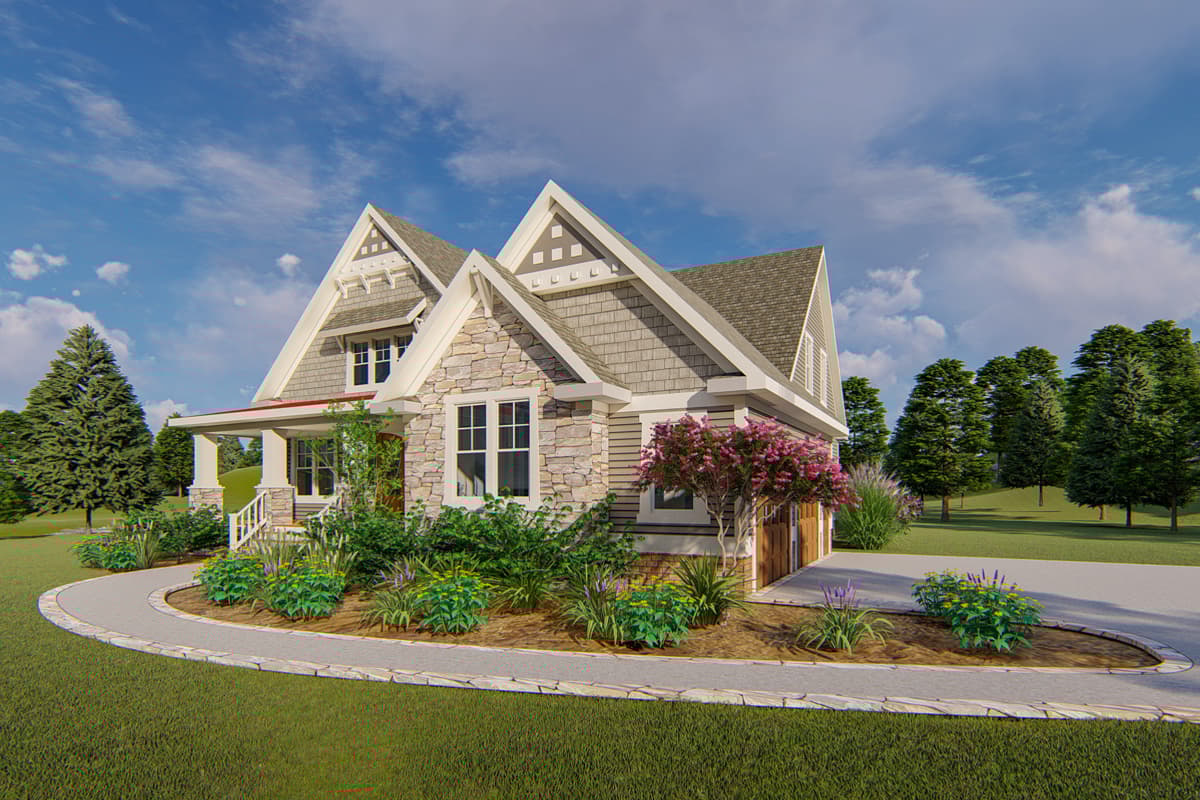 Craftsman style house plan exterior with stone facade, gabled dormers, and covered front porch.