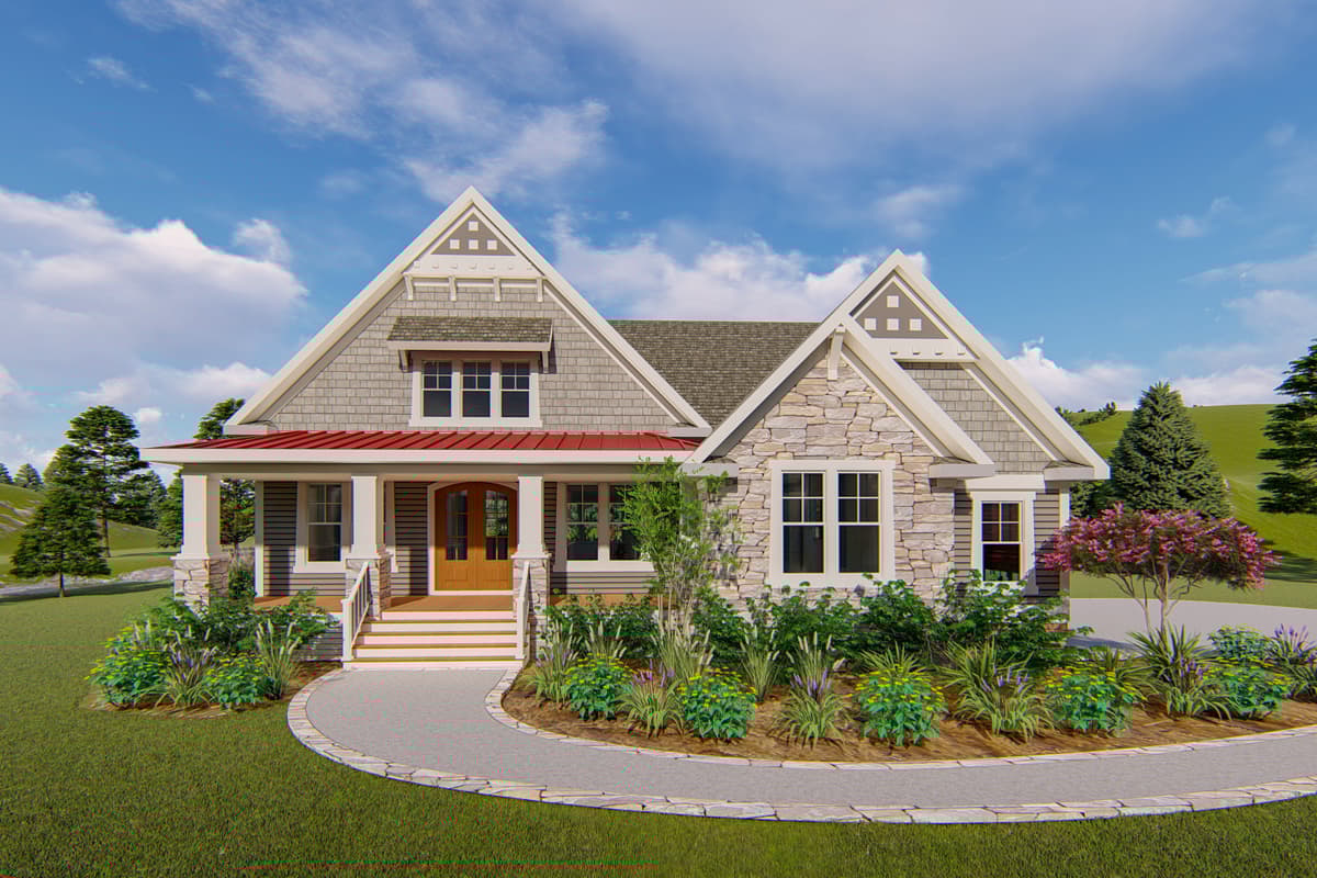 House plan exterior. Craftsman style, one story. Features include a front porch with columns, gabled rooflines, and stone accents.