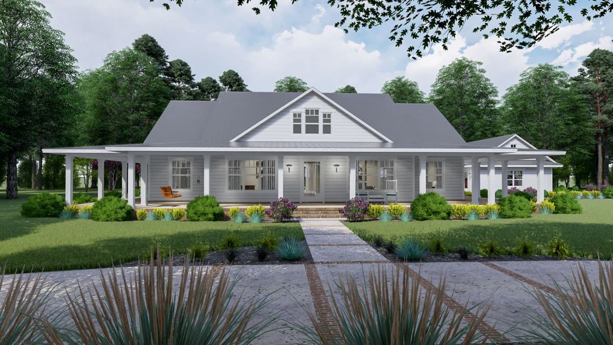 House plan exterior: Modern Farmhouse, one story, wrap-around porch, prominent gable with dormer windows.