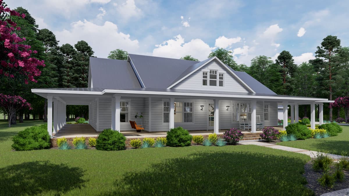 House plan exterior: One-story Modern Farmhouse with wraparound porch, gables, dormers, and metal roof.
