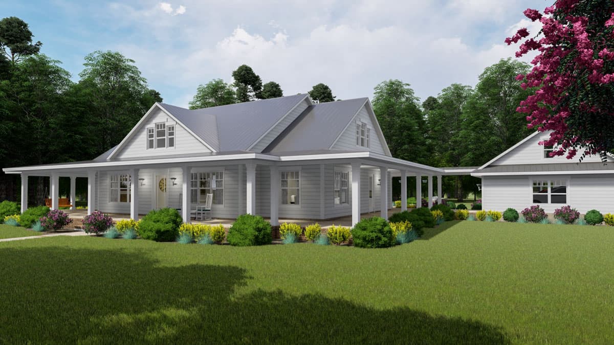 House plan exterior: Modern Farmhouse style, 1.5 stories, wrap-around porch, prominent gables, and metal roof.