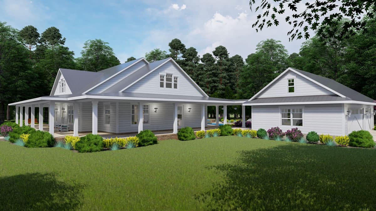 House plan exterior featuring a wraparound porch, metal roof, gables, and attached garage.